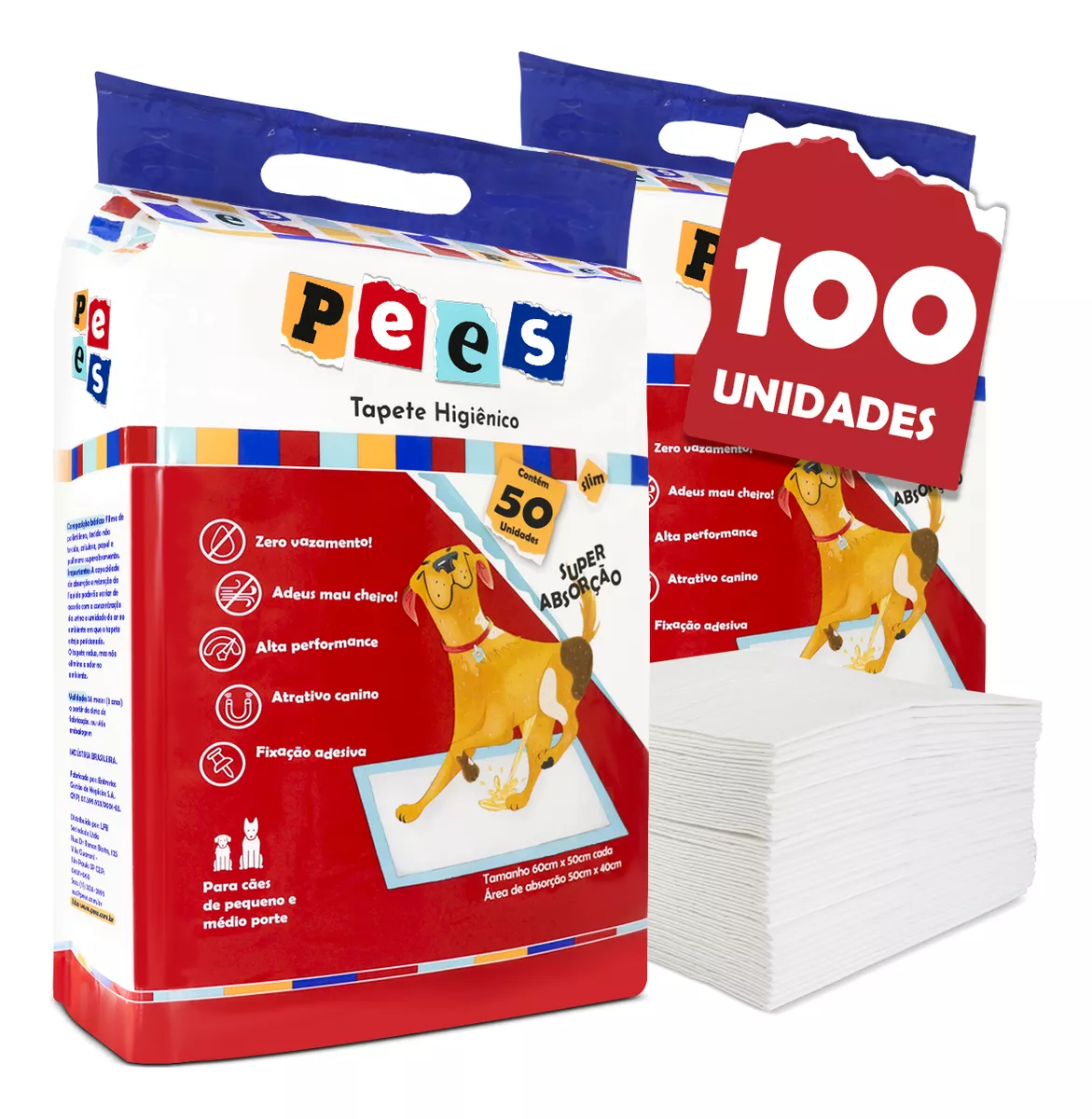 Tapete Higiênico Slim Pees Para Cães 100 Unidades 50x60cm